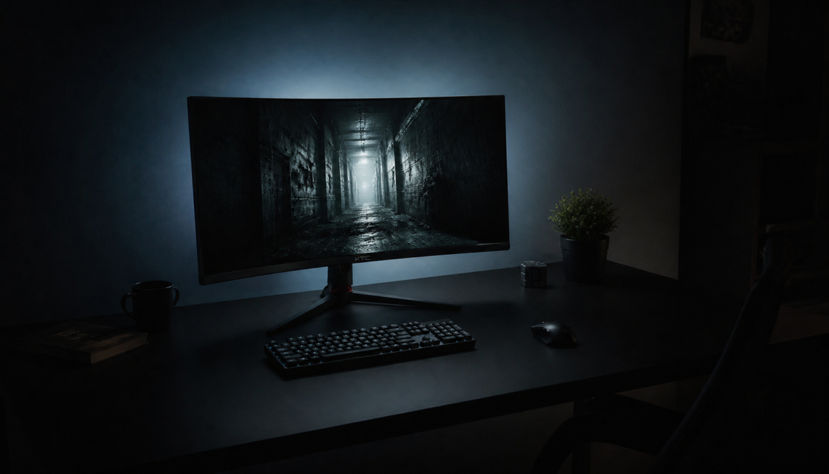 Gaming monitor displaying a dark scene in a dim room, illustrating how firmware affects black level and shadow detail