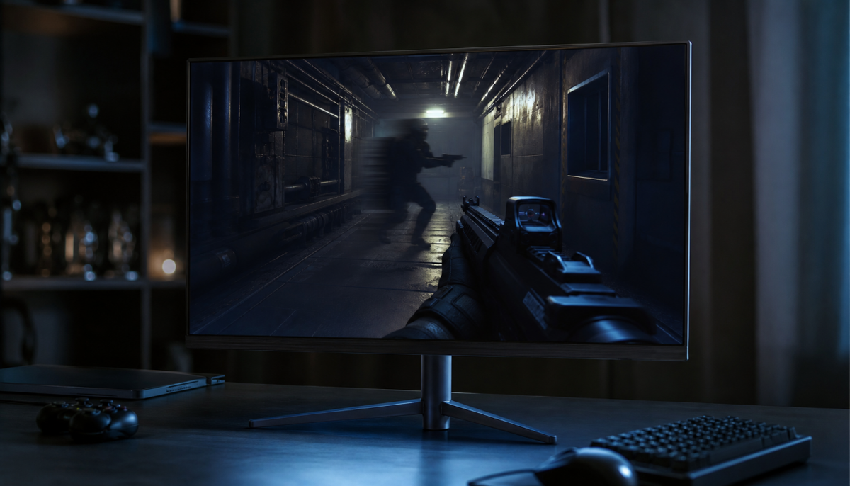 Gaming monitor displaying a dark shooter scene with visible pixel ghosting trail behind a moving character