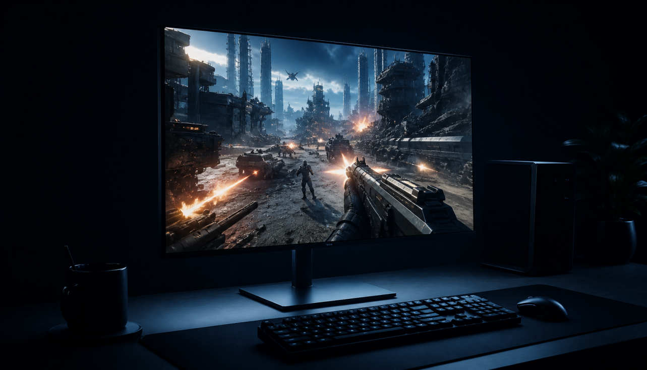Gaming monitor displaying a fast-paced FPS game, illustrating the relationship between refresh rate and resolution in gaming performance