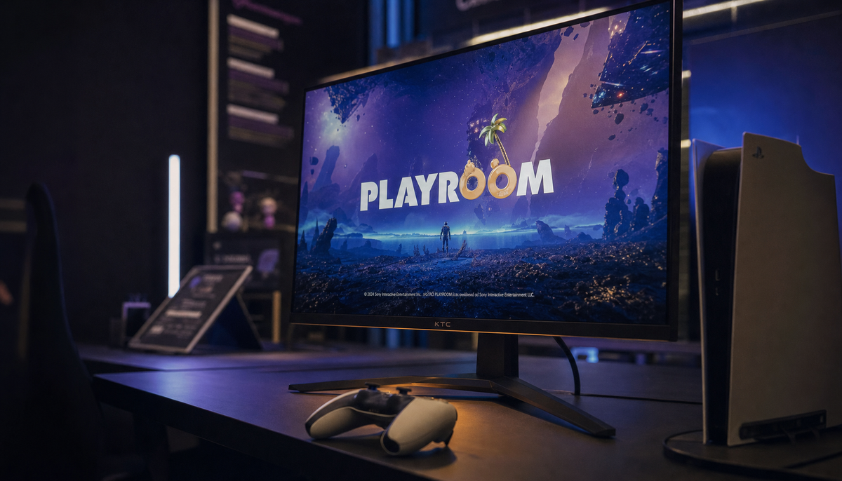 Gaming monitor displaying a high-contrast HDR scene in a darkened room with game controller on desk