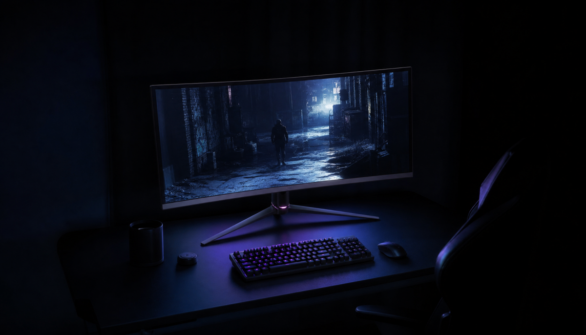 Gaming monitor displaying a high-contrast dark scene in a dim room, illustrating how contrast ratio affects motion clarity