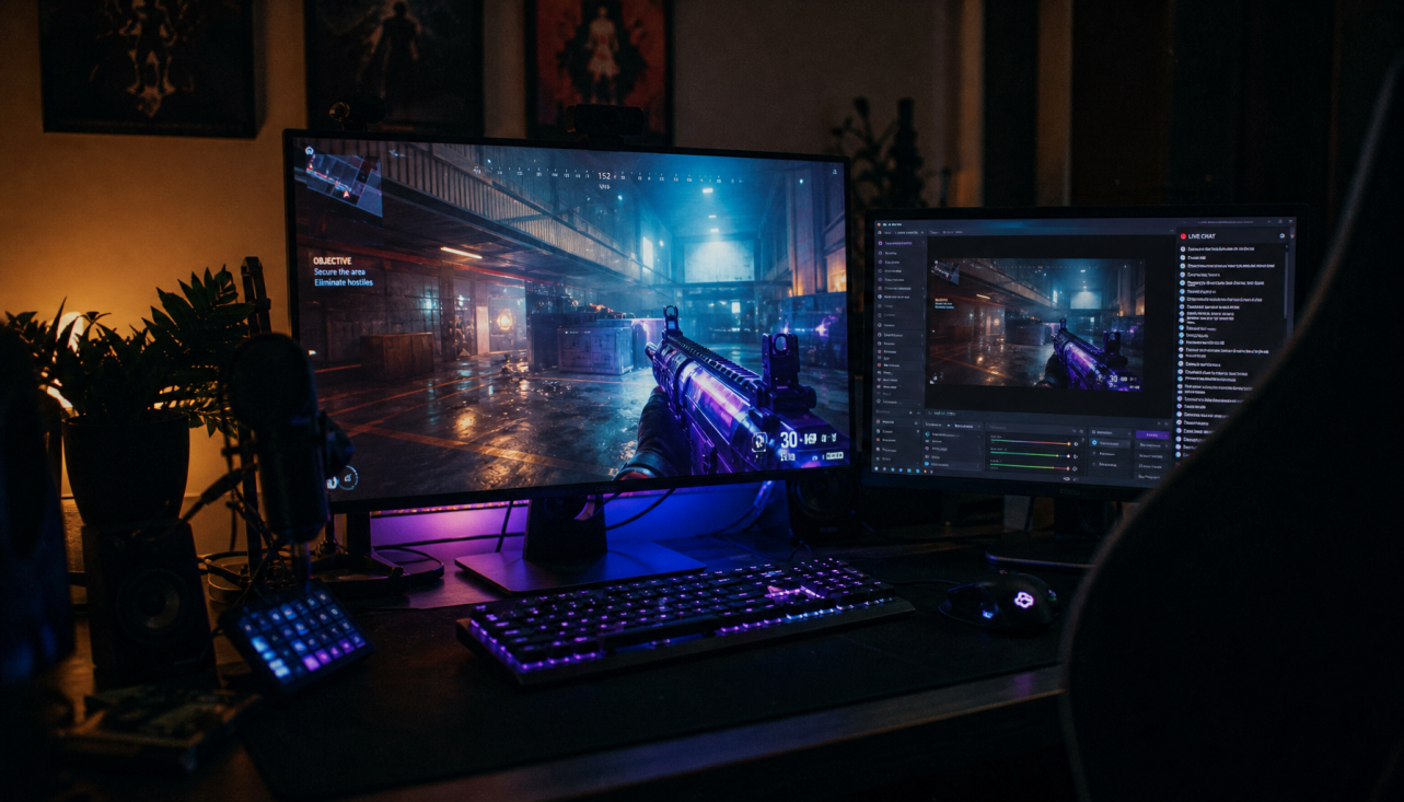 Gaming monitor displaying a live gameplay stream with streaming software visible on a secondary screen in a dim setup
