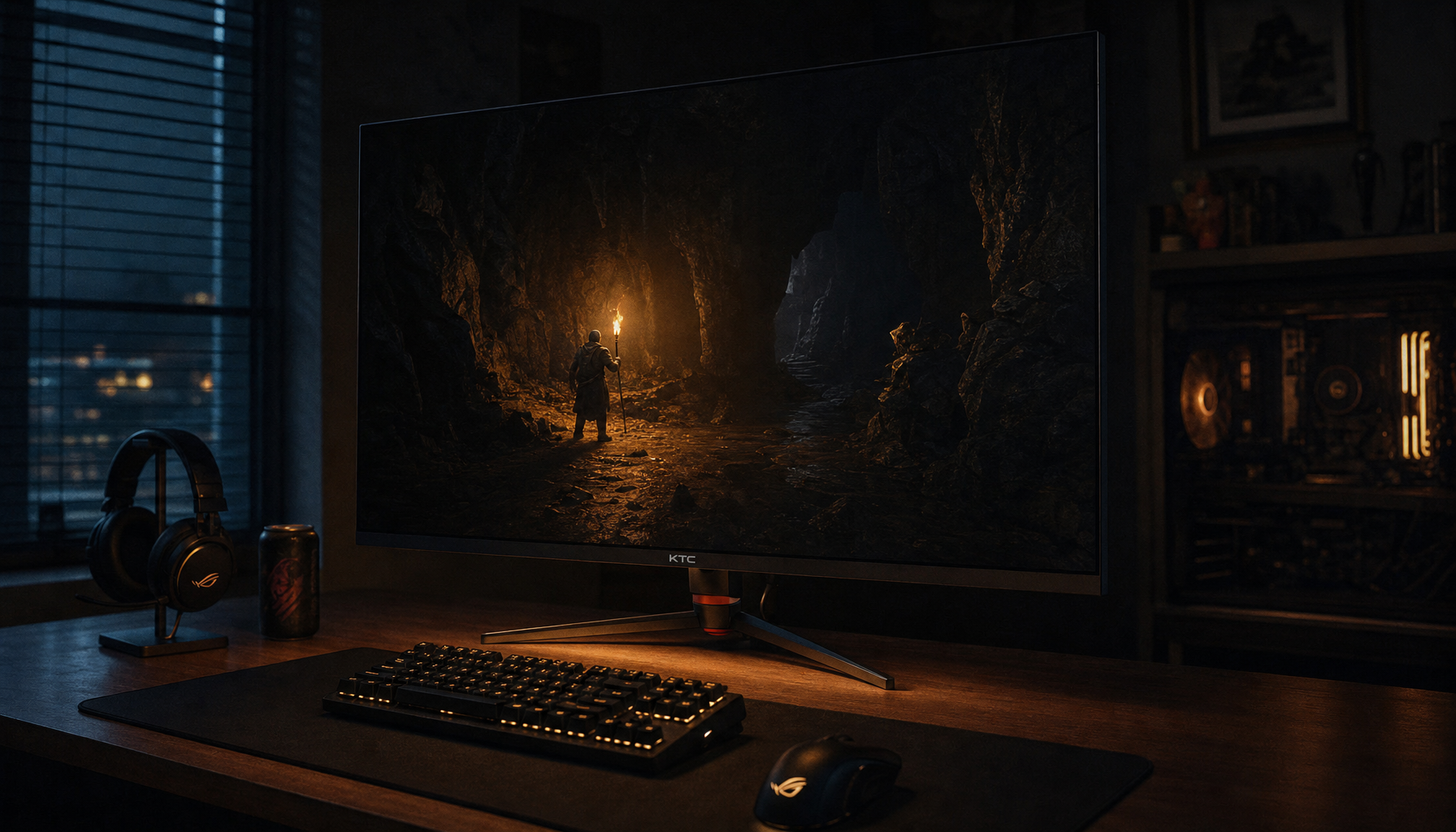 Gaming monitor displaying dark cave scene with precise local dimming and minimal backlight bloom around a torch highlight