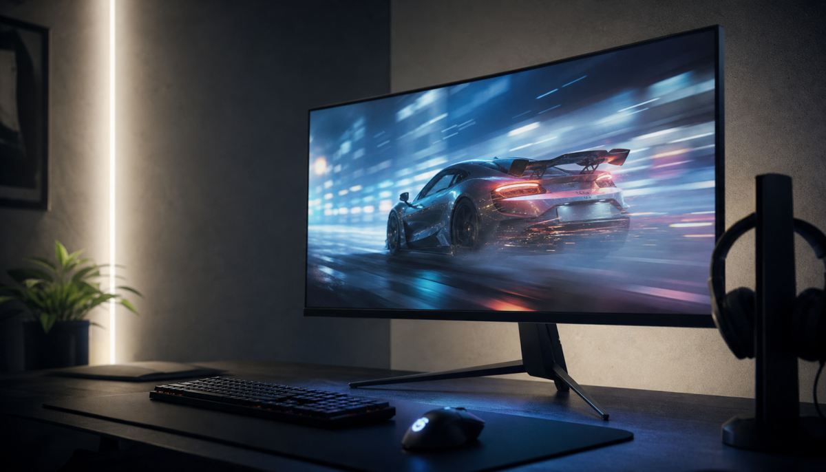 Gaming monitor displaying fast motion content, illustrating how response time and refresh rate work together for motion clarity