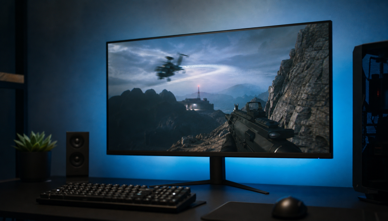 Gaming monitor displaying inverse ghosting halo artifact caused by maximum overdrive setting