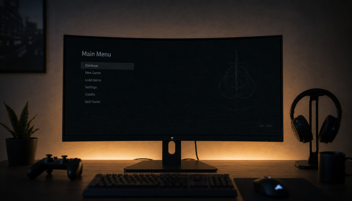 Gaming monitor displaying near-black screen with visible flicker artifacts in a dark gaming room with bias lighting