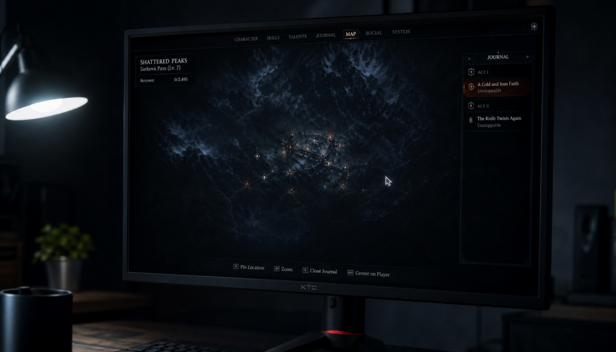 Gaming monitor in dark room showing adaptive sync and local dimming interaction with bright HUD on dark game scene