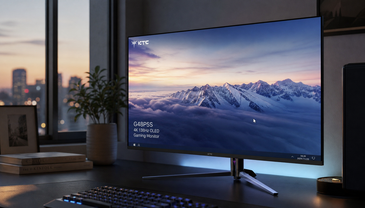 Gaming monitor on a desktop showing cursor on a static screen with Adaptive Sync enabled