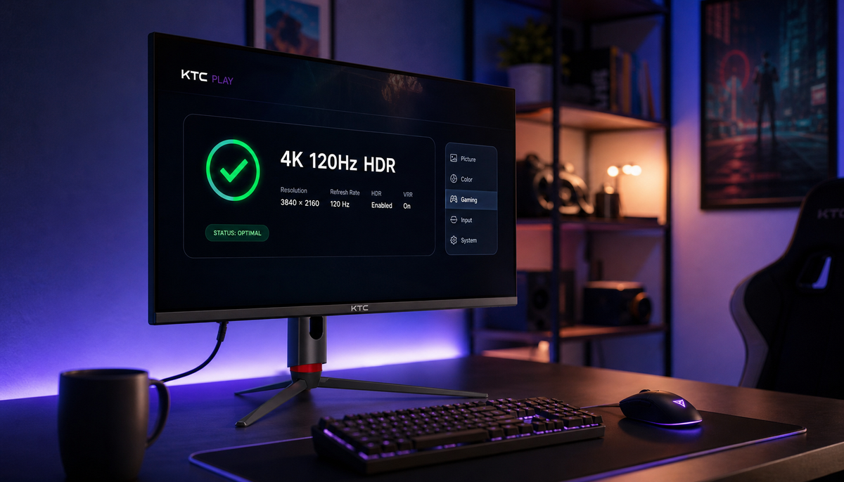 Gaming monitor screen showing 4K 120Hz HDR signal confirmation in on-screen display menu