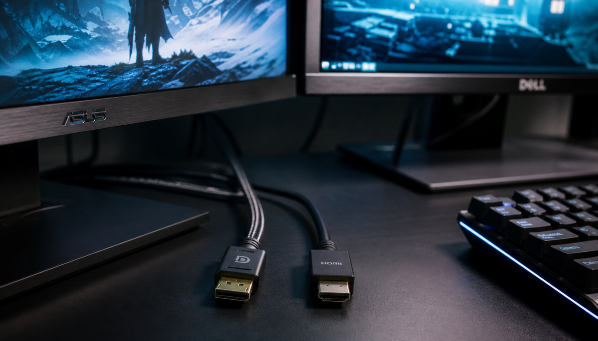 Gaming monitor setup showing DisplayPort and HDMI cable connections side by side