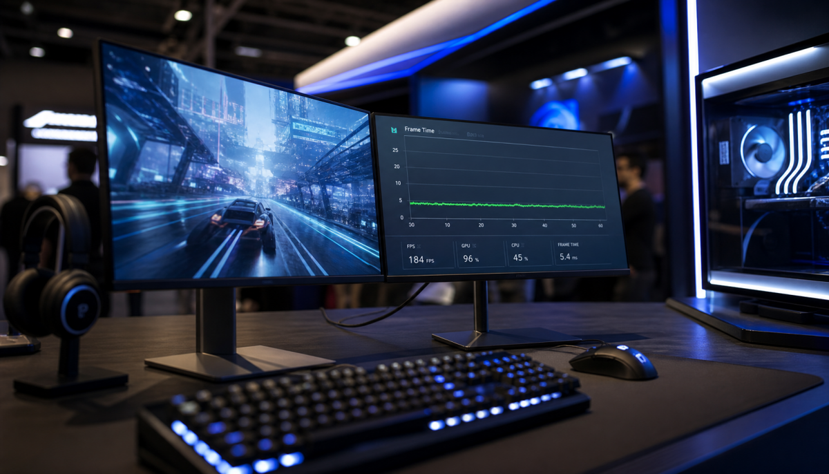 Gaming monitor setup showing a frame-time graph overlay with stable performance during Adaptive Sync