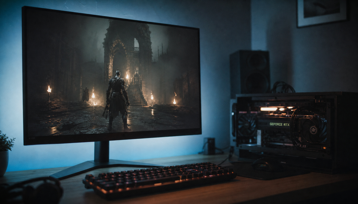 Gaming monitor showing HDR brightness instability with adaptive sync enabled in a dark room