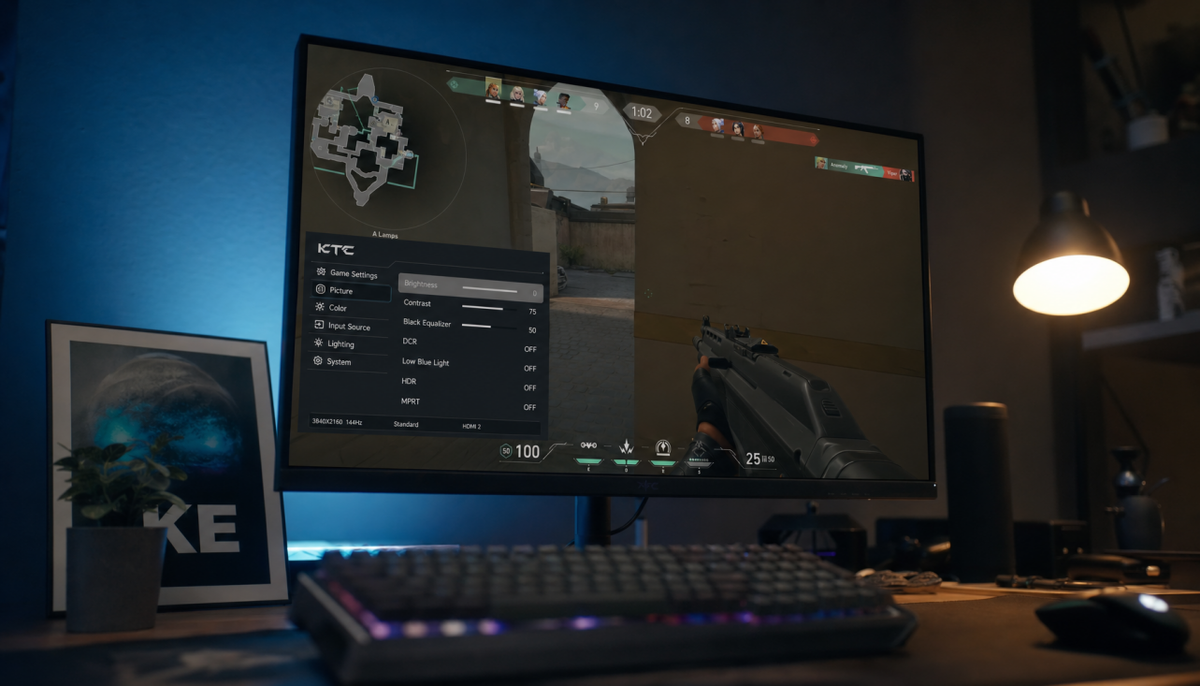 Gaming monitor showing OSD menu with grayed-out picture settings during gameplay