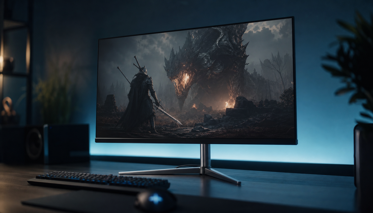 Gaming monitor showing adaptive sync flicker in a dark scene — brightness variation visible on screen