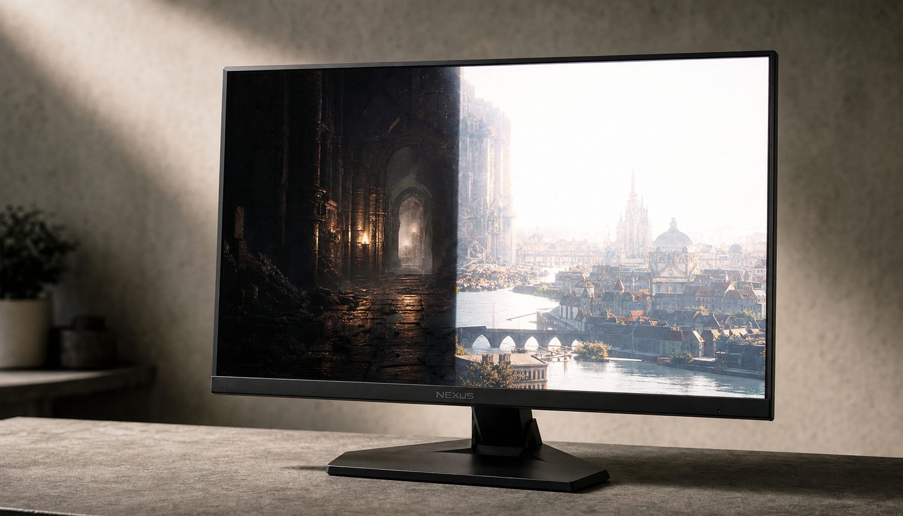Gaming monitor split between a crushed dark scene and an overexposed bright scene, illustrating how dynamic contrast shifts brightness inconsistently