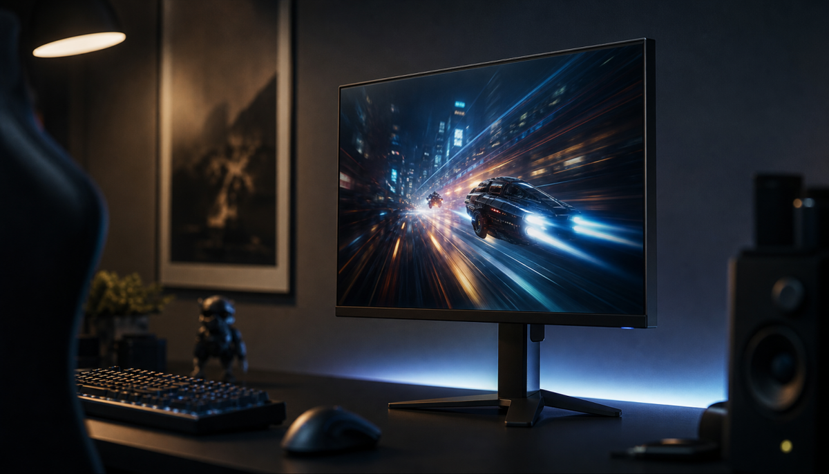 Gaming monitor with Adaptive Sync enabled showing smooth high-refresh gameplay in a dark room