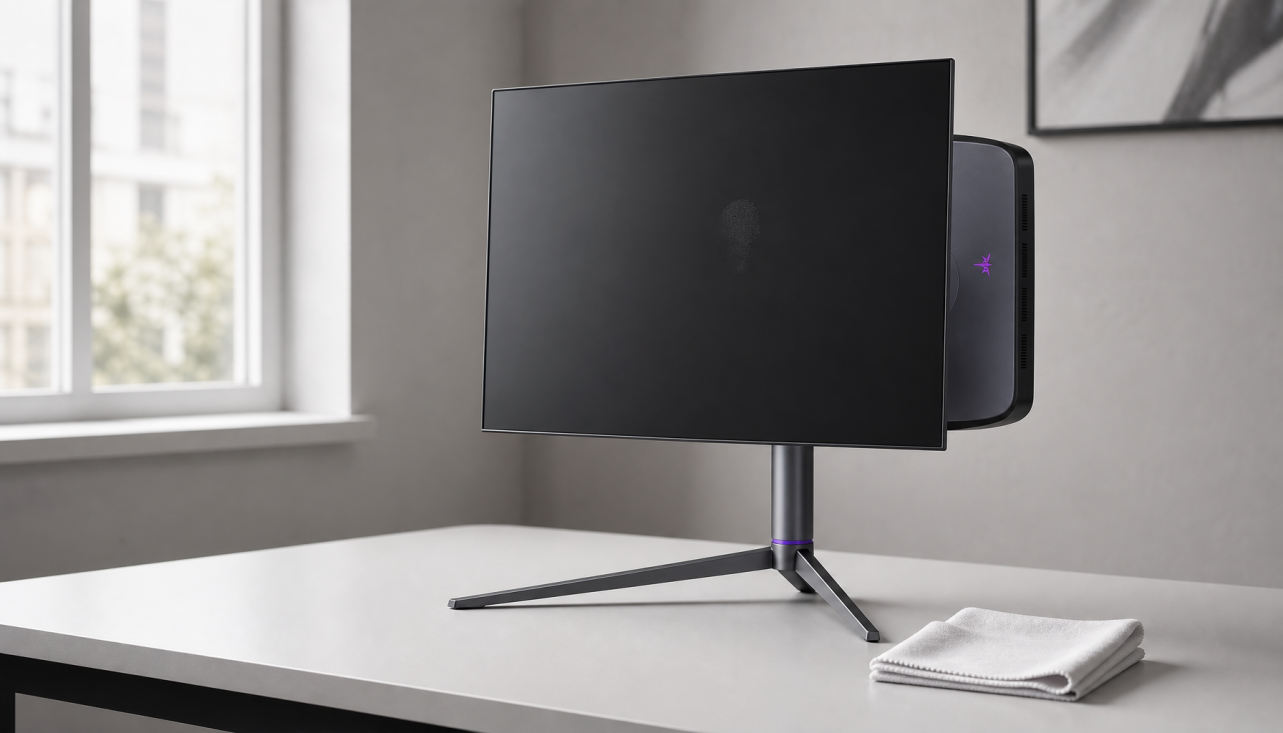 Gaming monitor with a fingerprint smudge on the screen next to a clean microfiber cloth on a desk