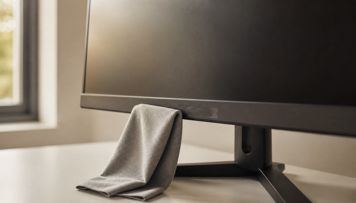 Gaming monitor with sticker residue on the bezel next to a microfiber cloth on a white desk