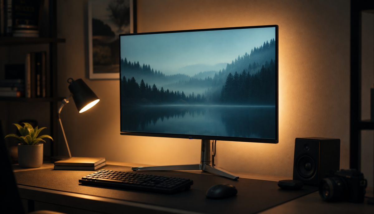 Gaming monitor with warm bias lighting in a dim room at night, showing a comfortable low-eye-strain setup