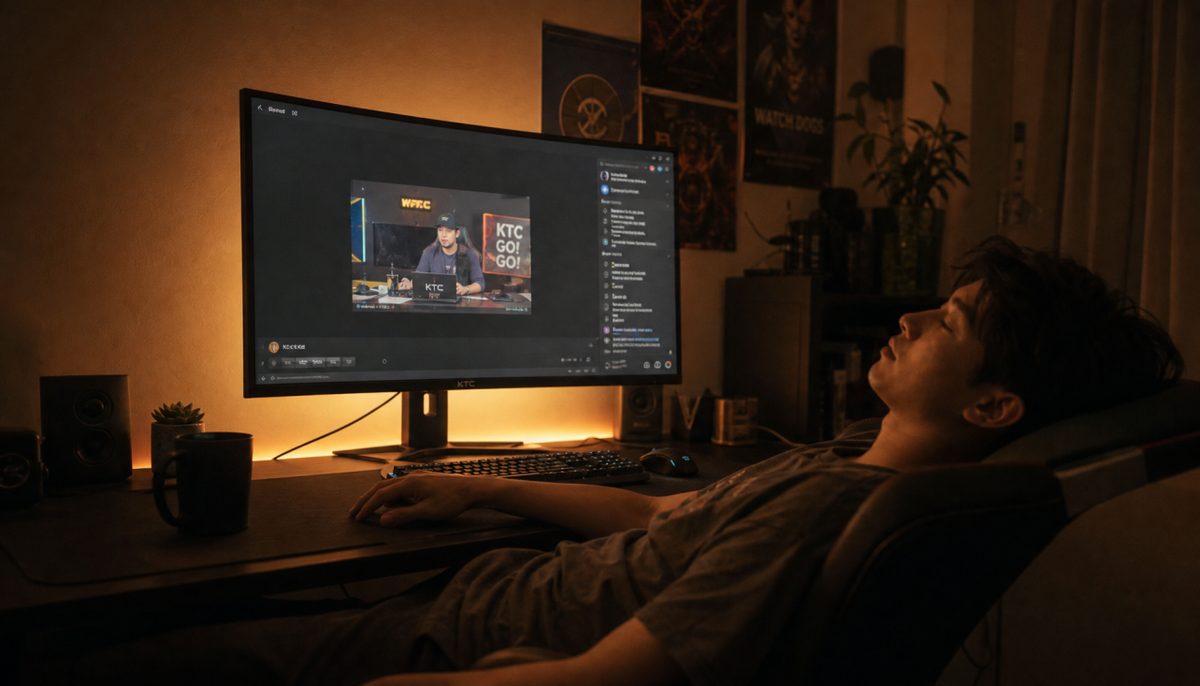 Gaming monitor with warm night mode settings in a dark bedroom, showing a stream at low brightness before sleep