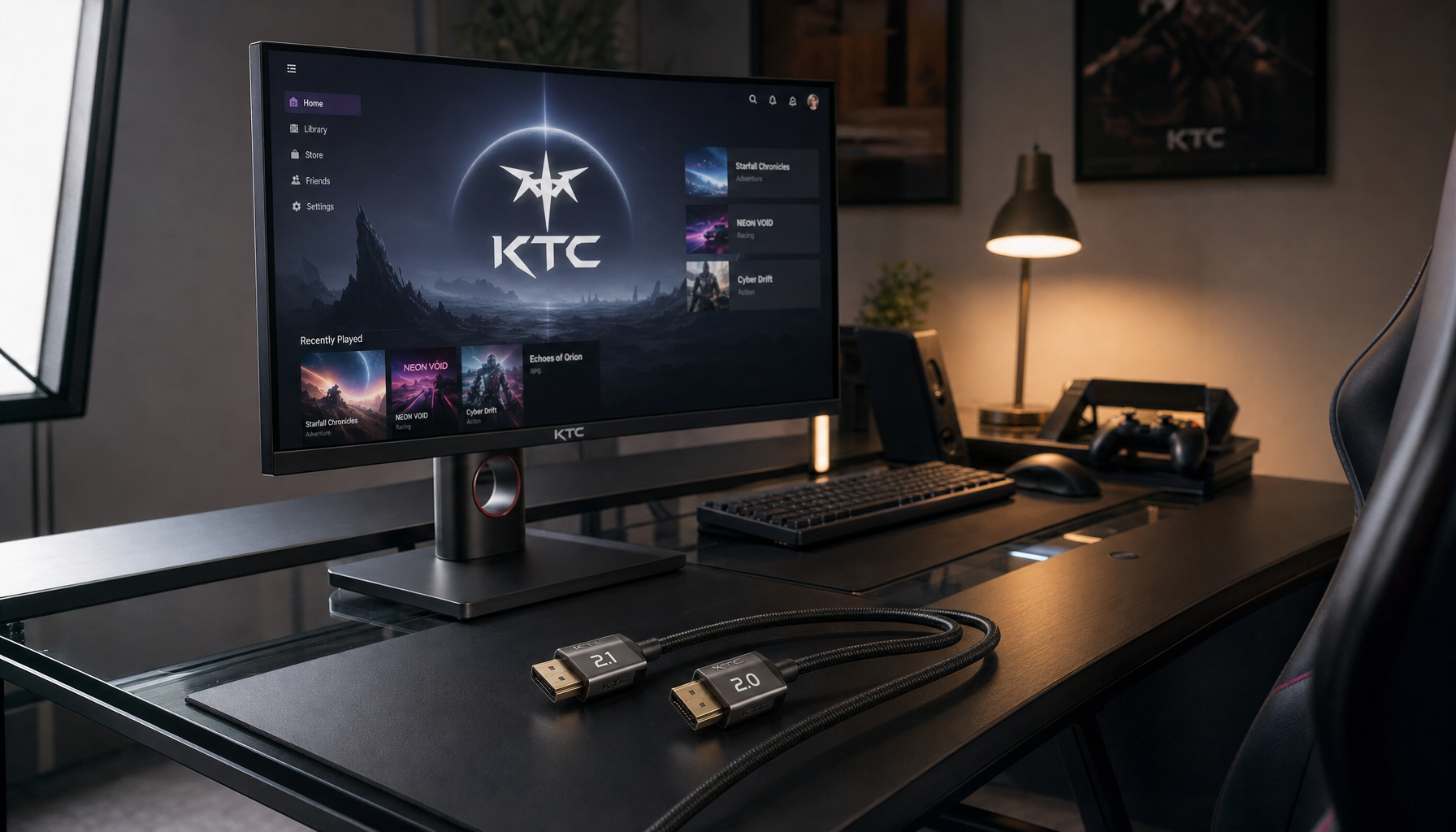 HDMI 2.1 and HDMI 2.0 cables next to a gaming monitor on a desk setup