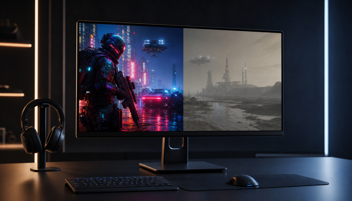 HDR vs SDR display comparison on a gaming monitor showing brightness difference