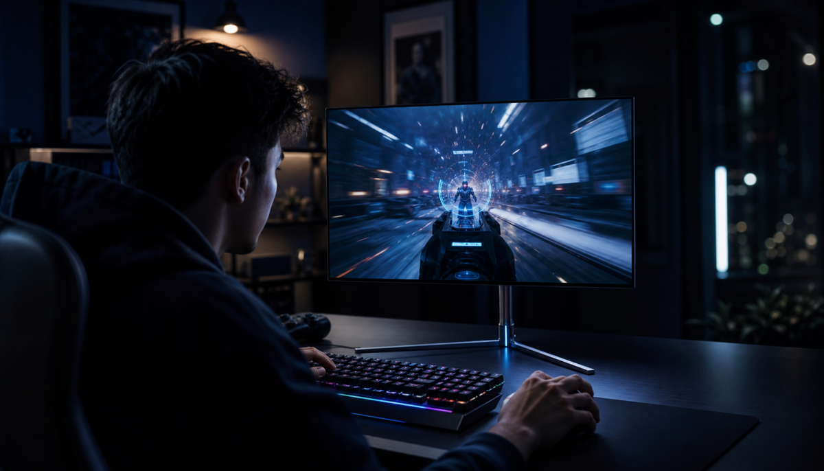 High-refresh-rate gaming monitor displaying a competitive FPS game at a dark battle station setup, illustrating the real-world context for 480Hz input lag testing