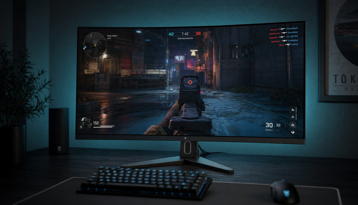 High refresh rate gaming monitor on a dark gaming desk with blue ambient bias lighting, displaying a competitive FPS game