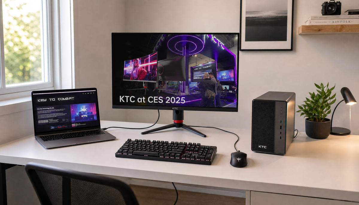 Home office desk with a laptop and desktop tower connected to a single monitor via a built-in KVM, keyboard and mouse centered in the foreground
