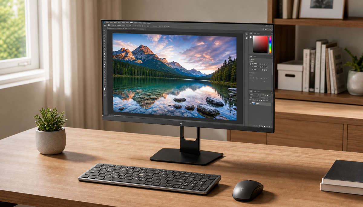 KTC 27-inch gaming monitor in a home office showing color-accurate display for photo editing and gaming
