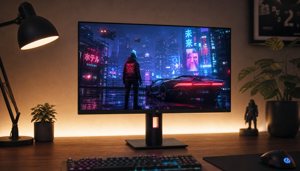 KTC 4K HDR gaming monitor on a gaming desk setup, showing vivid high-resolution display performance