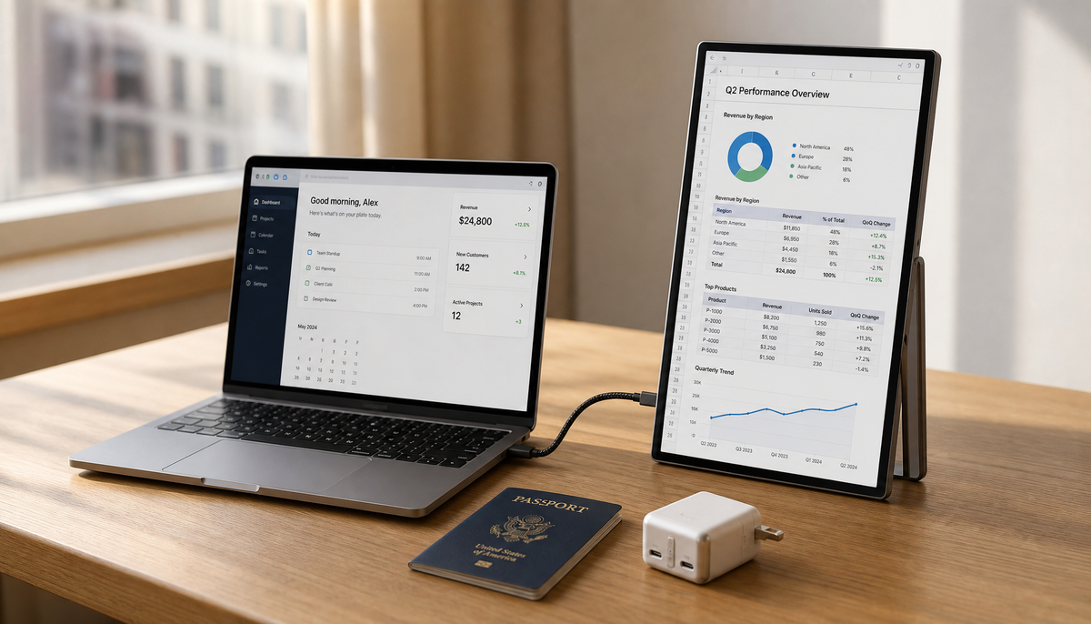 KTC portable monitor connected to a laptop with one USB-C cable on a hotel desk travel setup