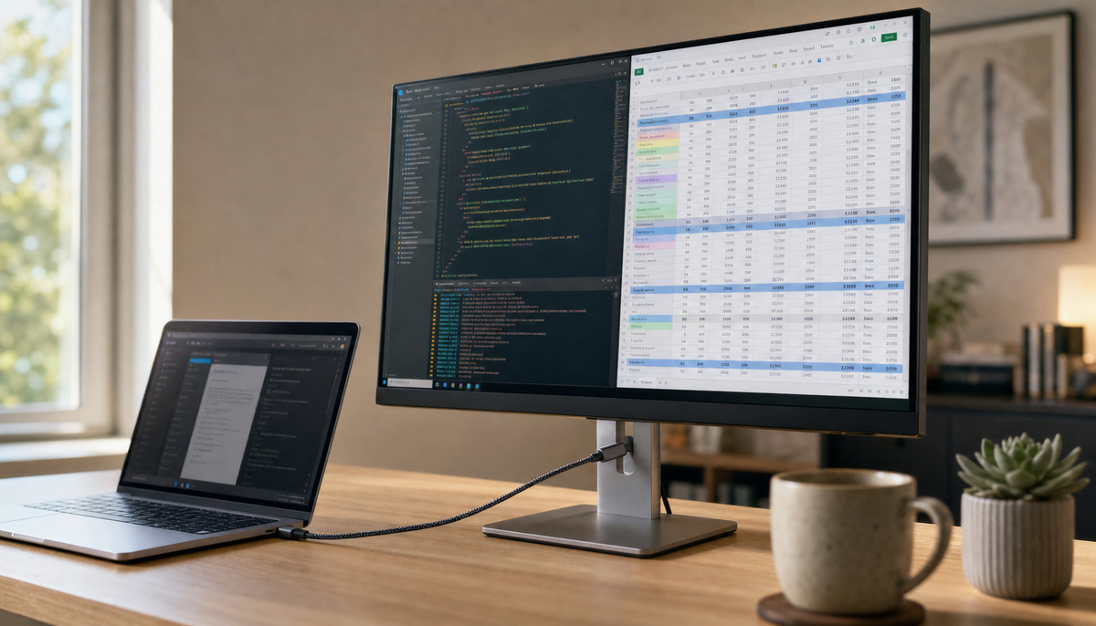 Laptop connected to a 4K USB-C monitor via a single cable on a clean modern desk