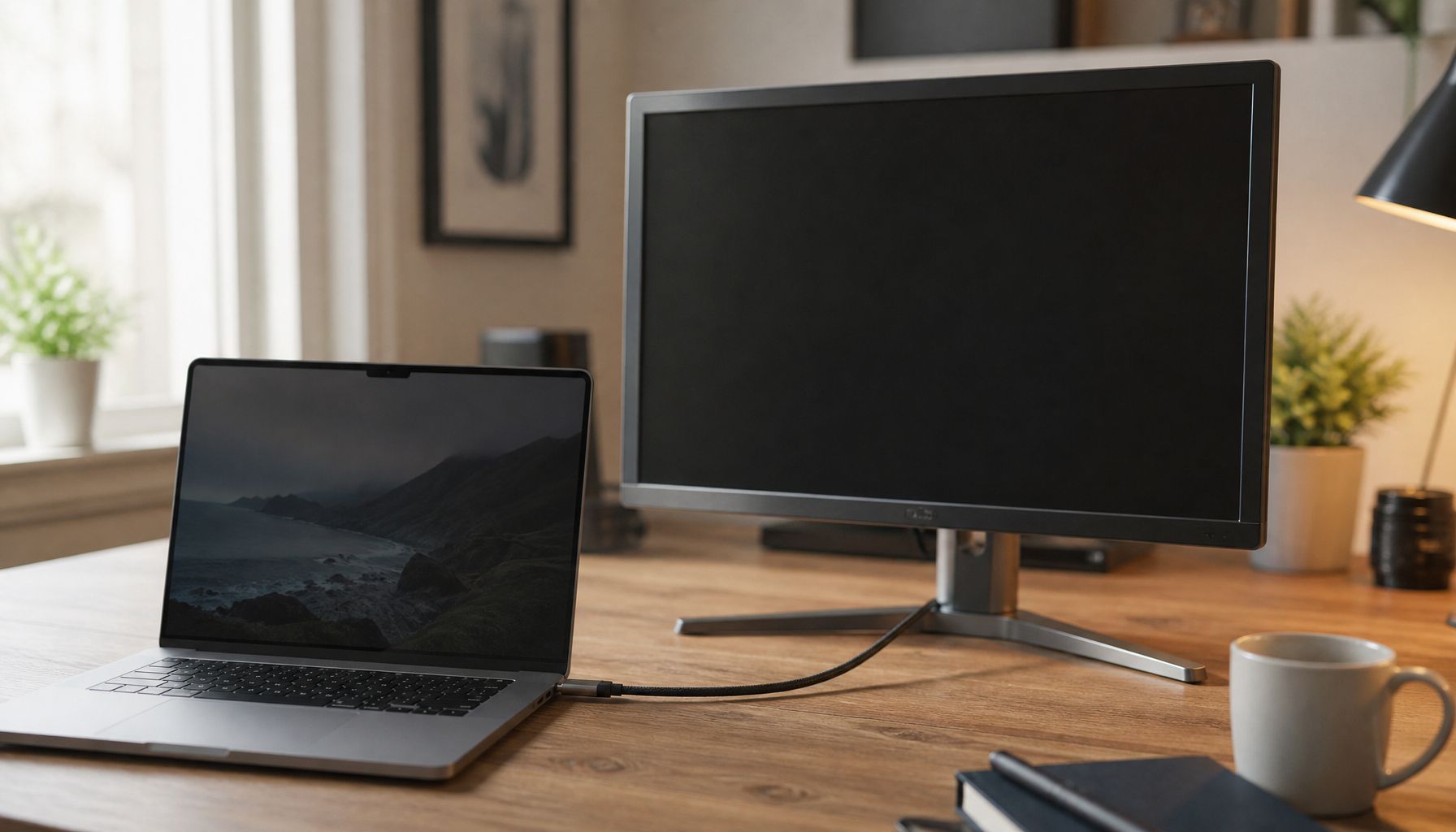 Laptop connected via USB-C cable to an external monitor that shows no signal, illustrating a common DisplayPort Alt Mode detection problem