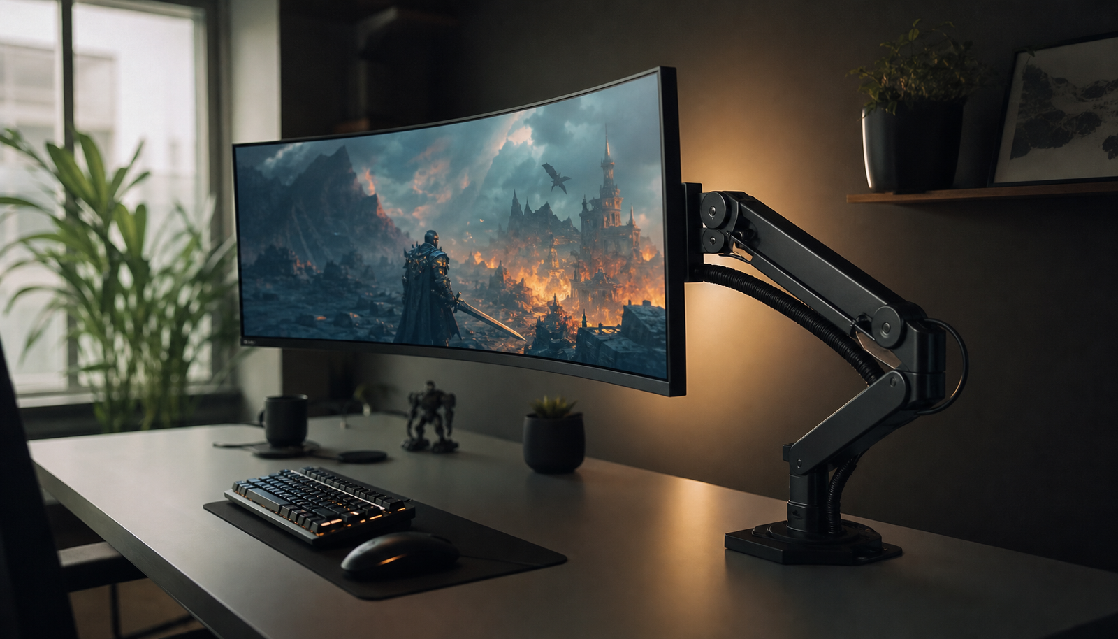 Large curved ultrawide monitor mounted on a heavy-duty desk arm in a home office setup