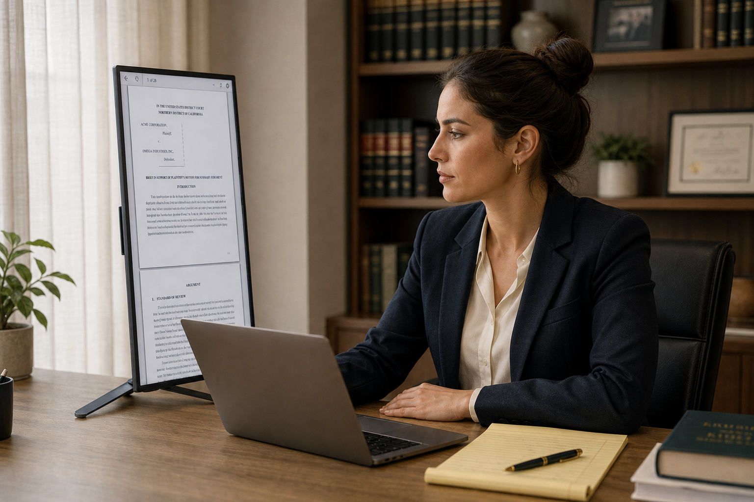 Legal professional using a portrait-oriented portable monitor to review a PDF brief alongside a laptop in a law office