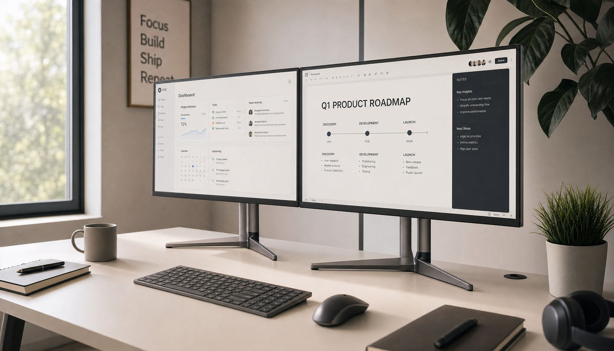 Matching dual 27-inch monitor setup on a clean home office desk, with both screens showing consistent brightness and color for hybrid work