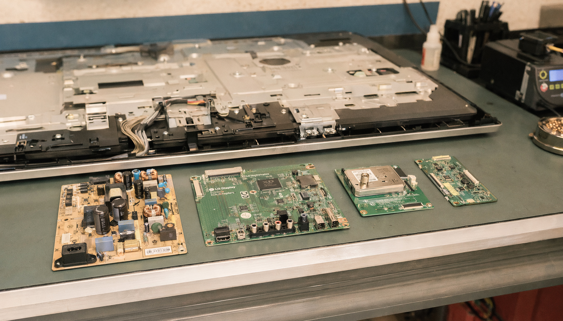 Monitor disassembled on a repair workbench with modular circuit boards laid out beside the chassis