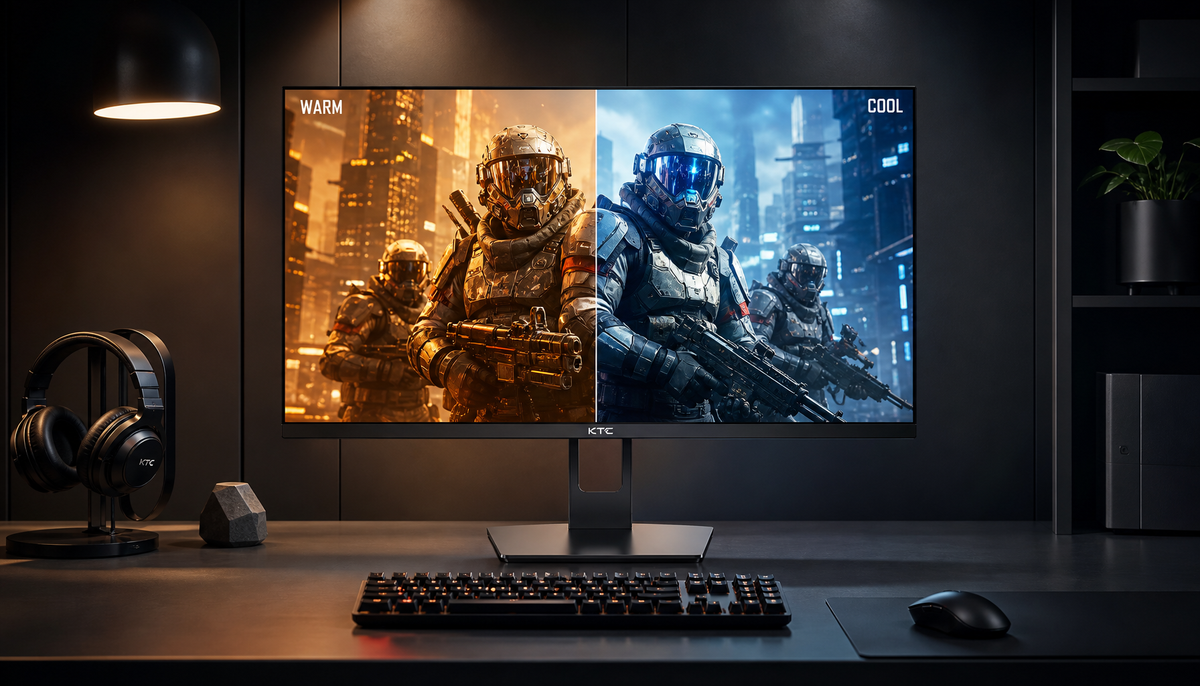 Monitor screen showing warm vs cool color temperature comparison for display calibration