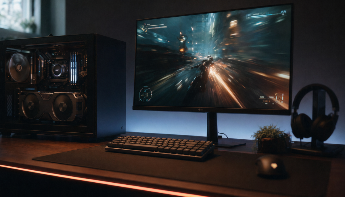 Older gaming PC with mid-generation GPU connected to a modern 1080p high-refresh gaming monitor on a dark gaming desk