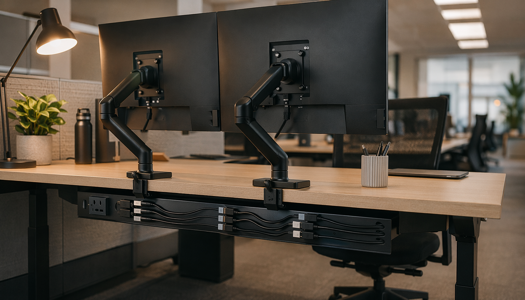 Organized cable management tray under a shared hot-desk monitor workstation in an open-plan office