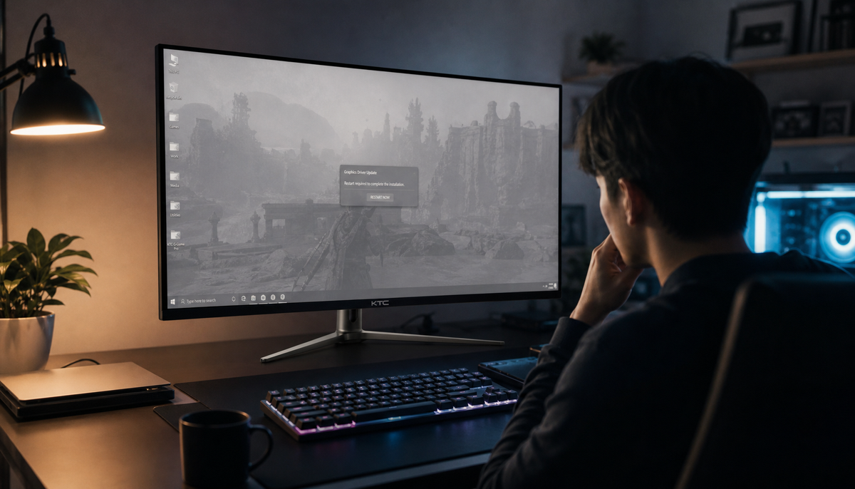 Person at a gaming desk looking at a monitor displaying washed-out colors after a graphics driver update