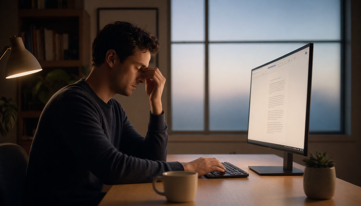 Person at a home office desk showing eye fatigue from a glowing monitor in a dim room, illustrating why ambient light sensors alone cannot prevent digital eye strain