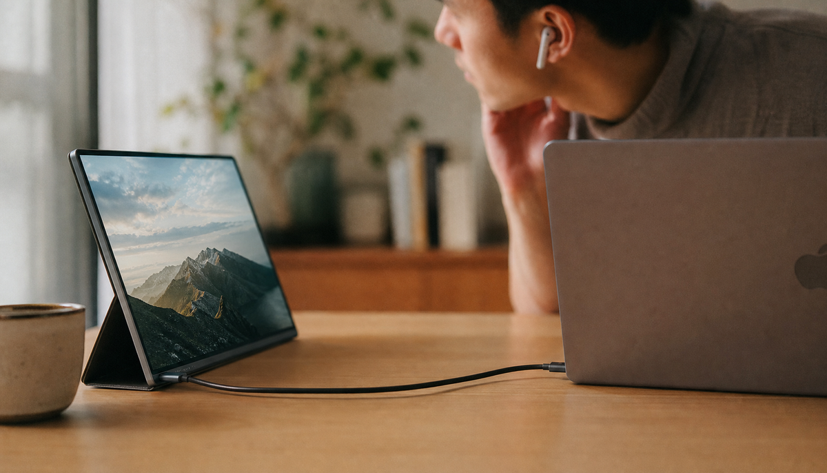 Person at desk listening for buzzing noise from a portable monitor connected via USB-C cable