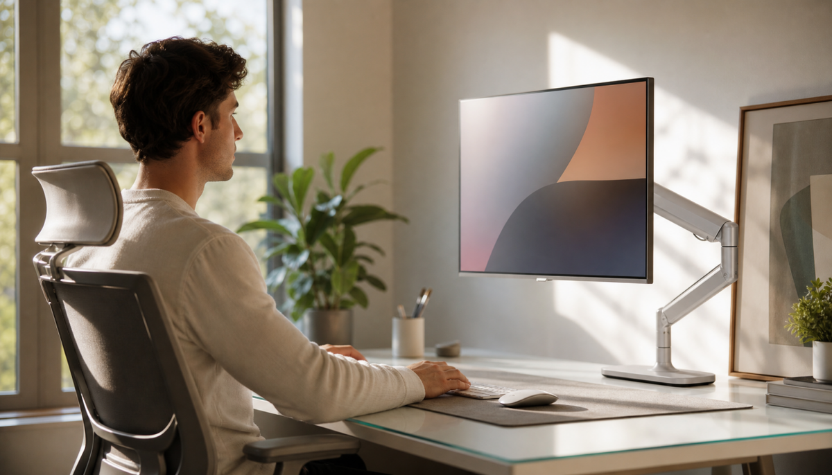 Person sitting at ergonomic desk with monitor arm positioning the screen at eye level for comfortable neck posture