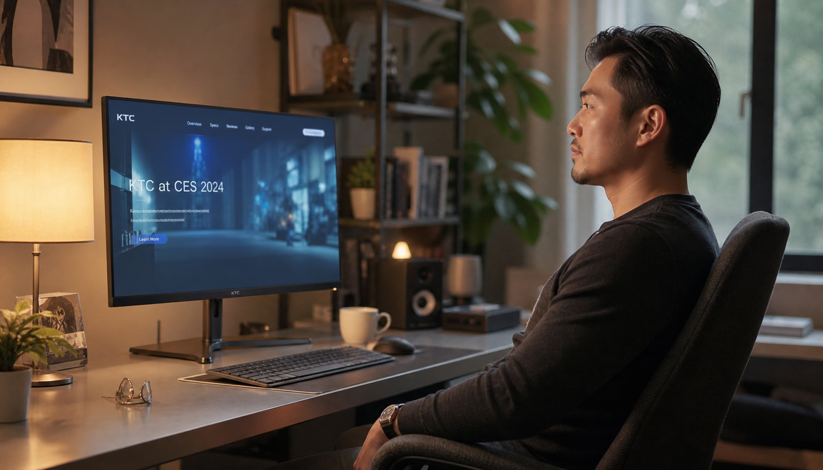 Person sitting at the correct viewing distance from a monitor to reduce blue light eye strain