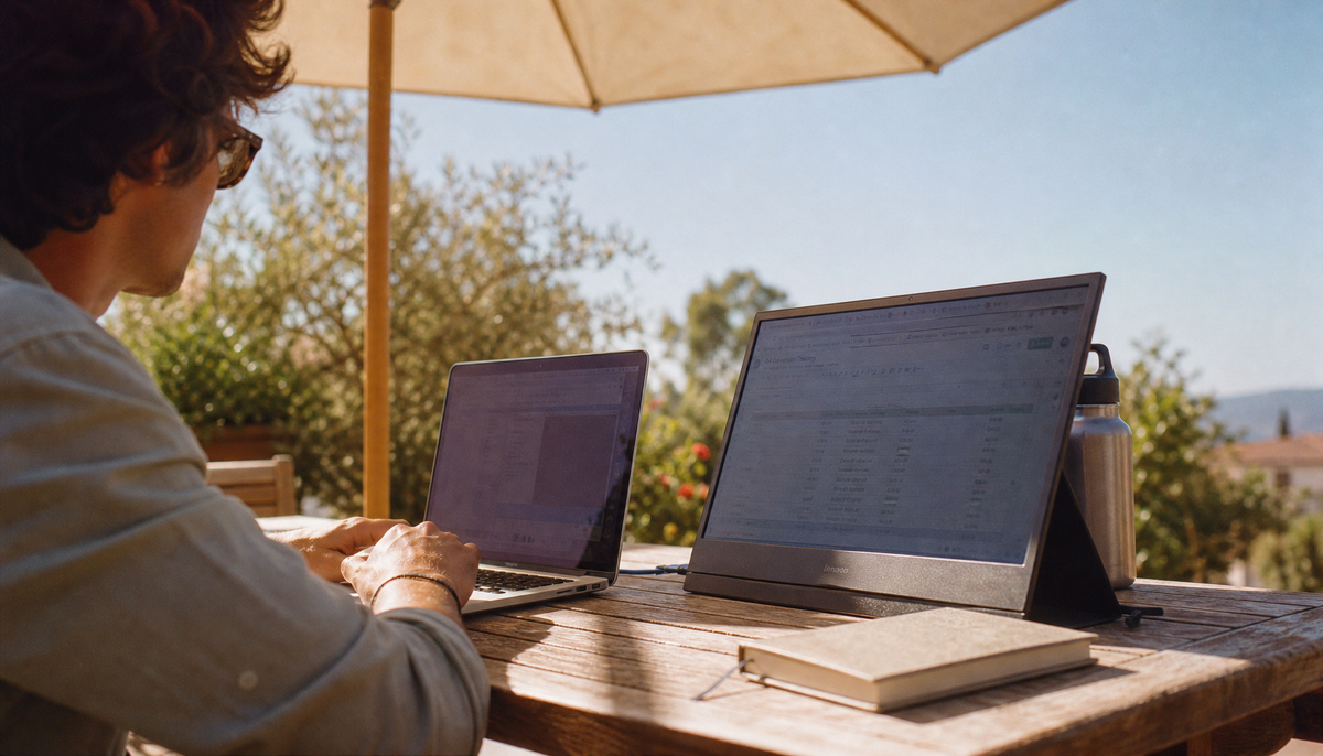 Person using a portable monitor outdoors on a patio in bright sunlight, with a laptop and patio umbrella providing shade