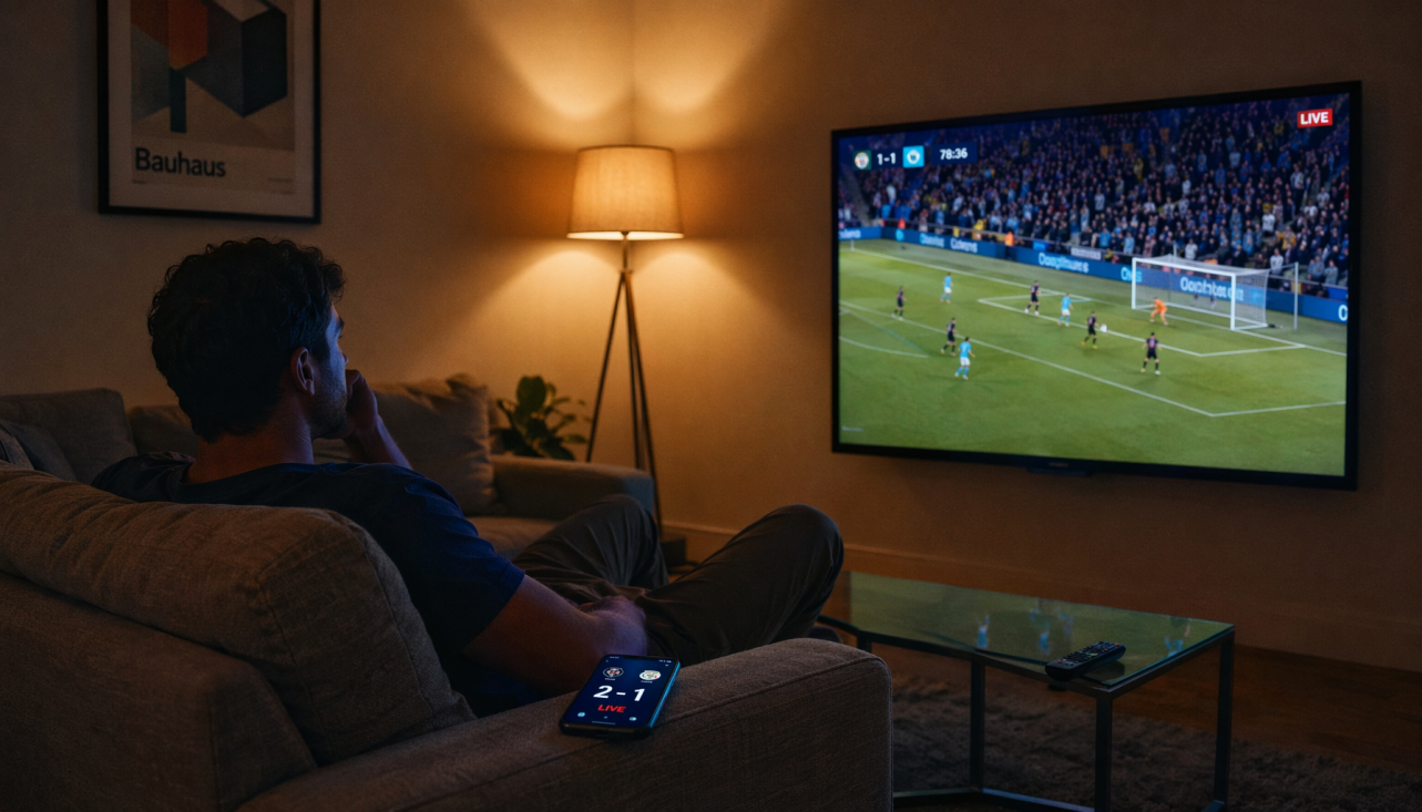 Person watching a live sports stream on a smart display while their phone already shows the updated score, illustrating live stream delay