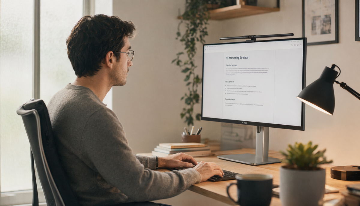 Person wearing prescription glasses seated comfortably in front of a monitor at proper viewing distance in a well-lit home office