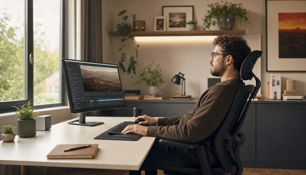 Person working comfortably in a reclined ergonomic chair with a monitor positioned at eye level for lower back pain relief